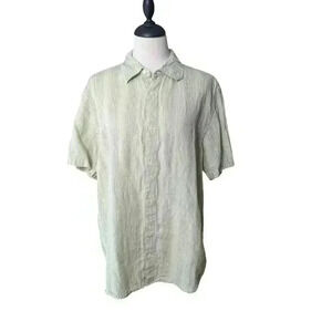 Calvin Klein Men's Med 100% Linen Tan & Light Green Short Sleeve Button Up Shirt